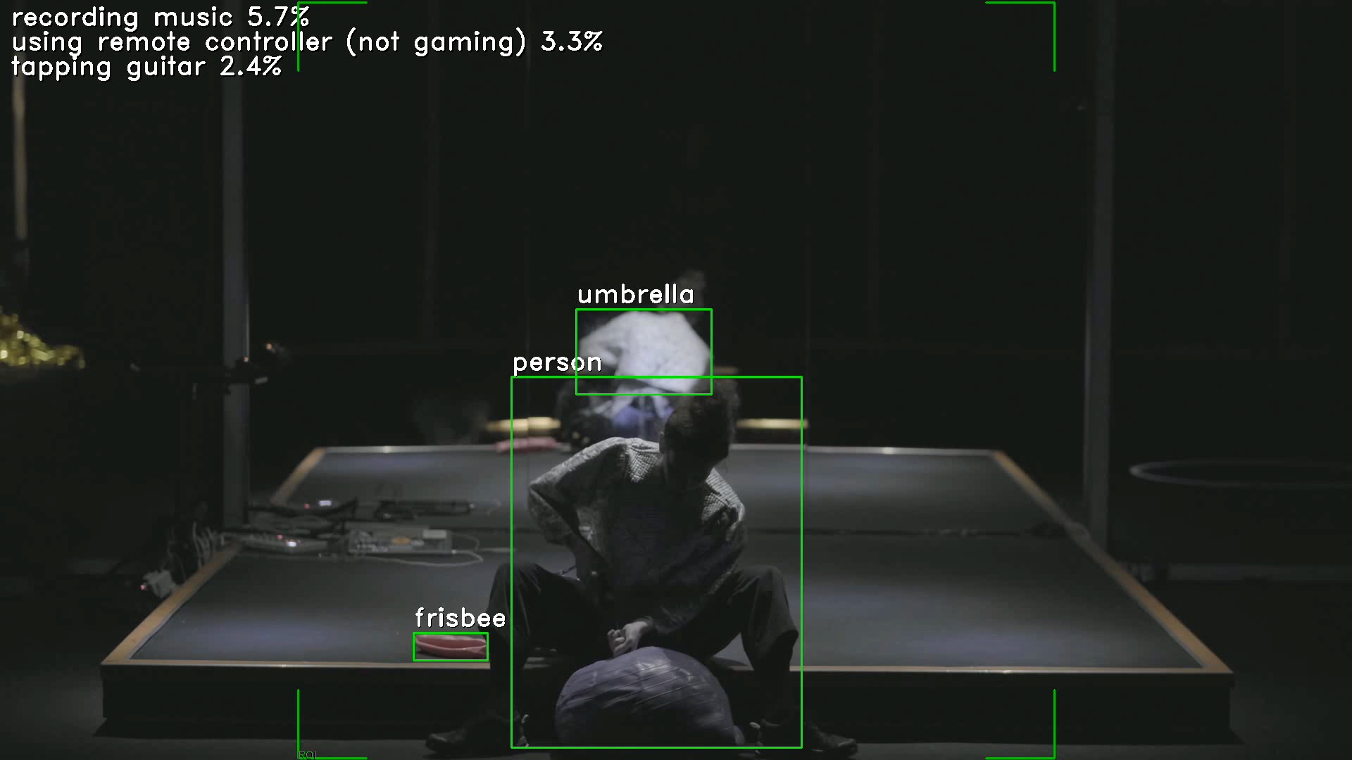 Dark environment with a performer pumping a pilates ball. The whole frame undergoes AI-mediated classification. Bounding boxes and labels visible. Still from performance, Occupied with Traffic, Irini Kalaitzidi, 2025